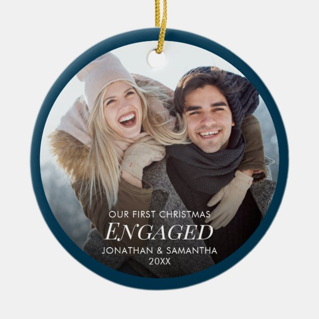 Our First Christmas Engaged Photo Ceramic Ornament (Front)