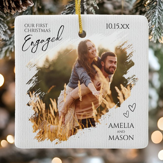 Our First Christmas Engaged Photo Christmas Ceramic Ornament (Our First Christmas Engaged Photo Christmas Ceramic Ornament)