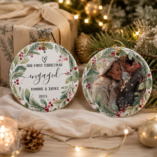 Our First Christmas Engaged Photo Couple Wreath Ceramic Ornament