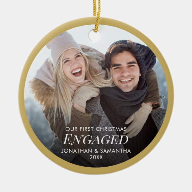Our First Christmas Engaged Photo Gold Ceramic Ornament (Front)
