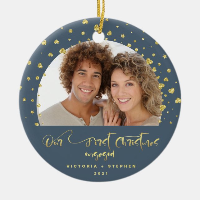 Our First Christmas Engaged Photo Gold Confetti  Ceramic Ornament (Front)