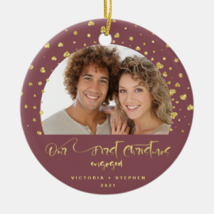 Our First Christmas Engaged Photo Gold Confetti  Ceramic Ornament