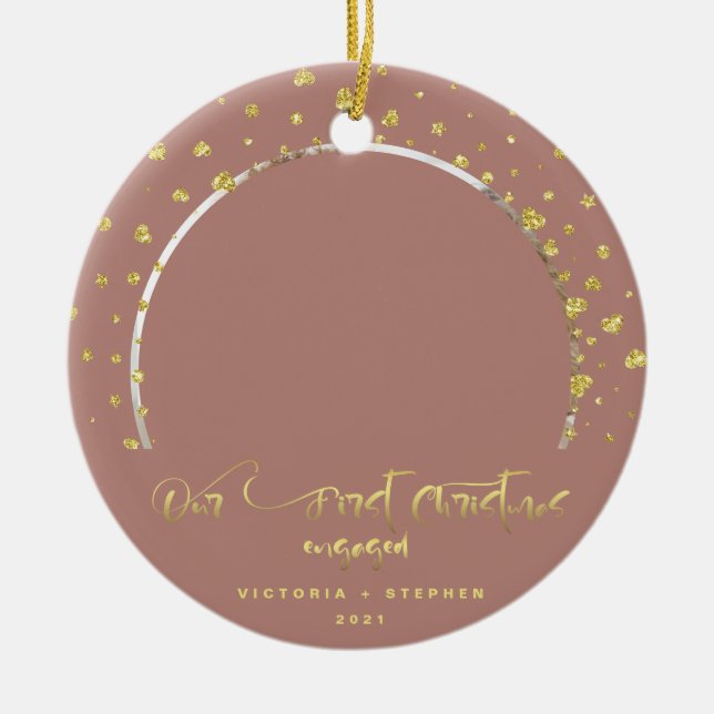 Our First Christmas Engaged Photo Gold Hearts  Ceramic Ornament (Front)