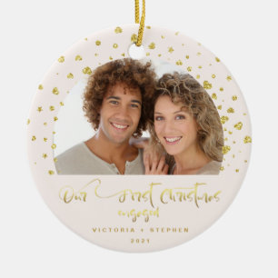 Our First Christmas Engaged Photo Gold Hearts Ceramic Ornament