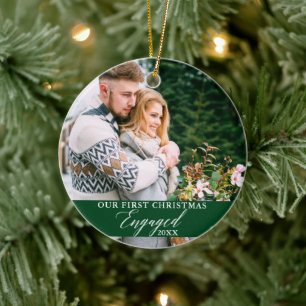 Our First Christmas Engaged Photo Green Ceramic Ornament