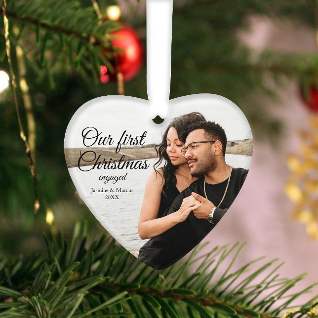 Our First Christmas Engaged Photo Heart Ornament (Create cherished memories with our personalized Christmas ornament featuring you and your loved one.)