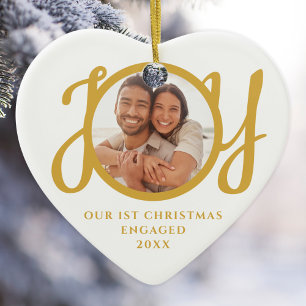 Our First Christmas Engaged Photo Heart-Shaped Ceramic Ornament