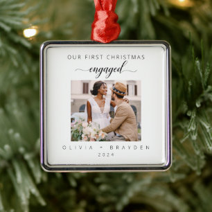 Our First Christmas Engaged Photo Minimalist Metal Ornament