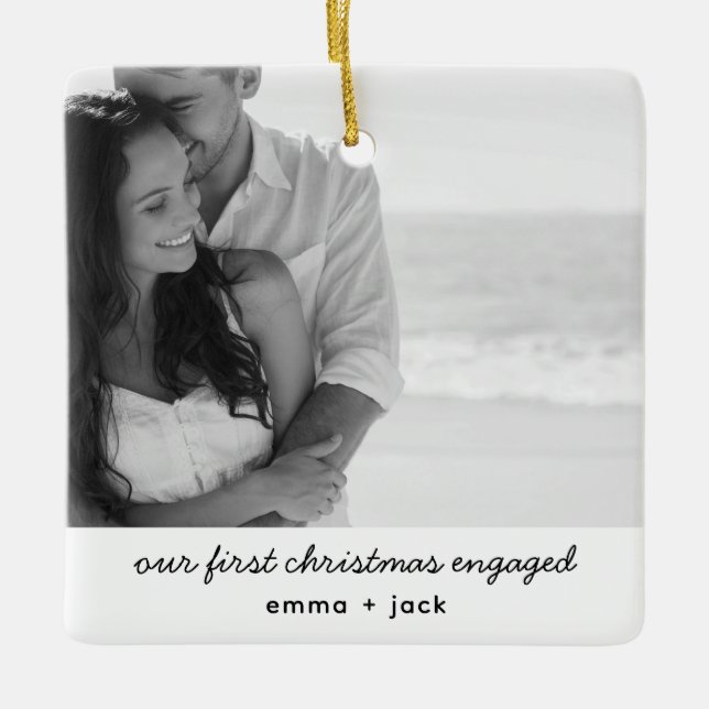 Our First Christmas Engaged Photo Modern Minimal Ceramic Ornament (Front)