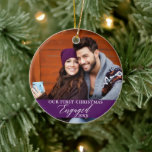 Our First Christmas Engaged Photo Purple Ceramic Ornament<br><div class="desc">Our First Christmas Engaged Couple Photo Purple Ornament with Snowflakes back.</div>