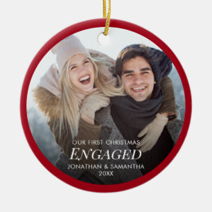 Our First Christmas Engaged Photo Red Ceramic Ornament