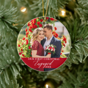 Our First Christmas Engaged Photo Red Ceramic Ornament