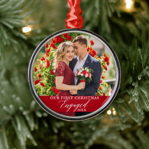 Our First Christmas Engaged Photo Red Metal Ornament