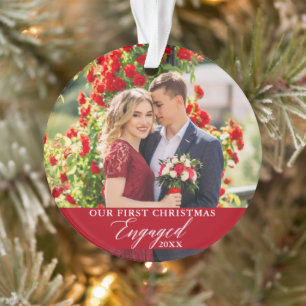 Our First Christmas Engaged Photo Red Ornament
