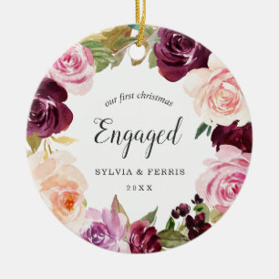 Our First Christmas Engaged Plum Floral Photo Ceramic Ornament