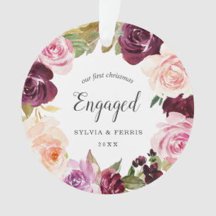 Our First Christmas Engaged Plum Floral Photo Ornament