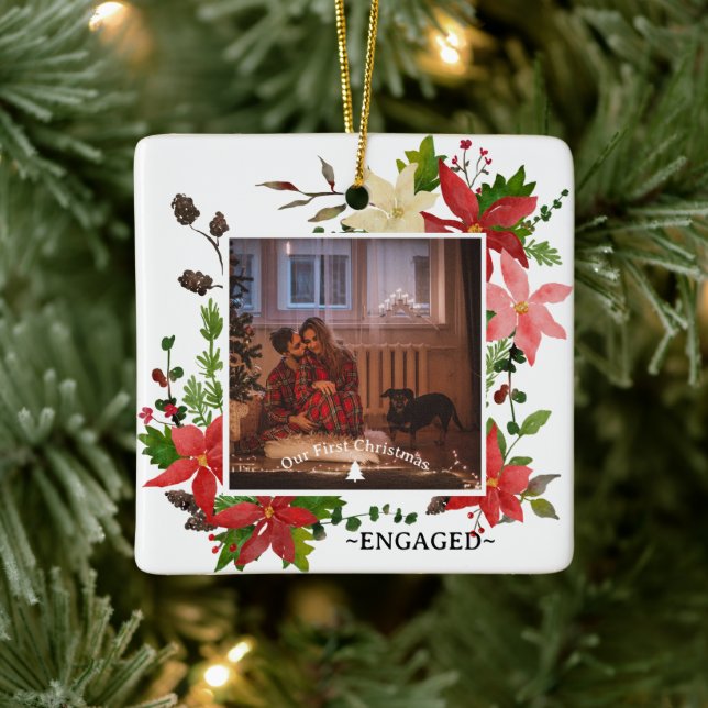 Our First Christmas Engaged Poinsettia Photo Ceramic Ornament (Tree)