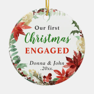 Our First Christmas Engaged   Poinsettia Wreath Ceramic Ornament