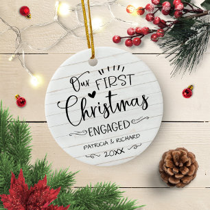Our First Christmas Engaged Rustic Farmhouse Ceramic Ornament