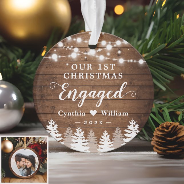 Our First Christmas Engaged Rustic Pine Tree Photo Ornament (Sample)