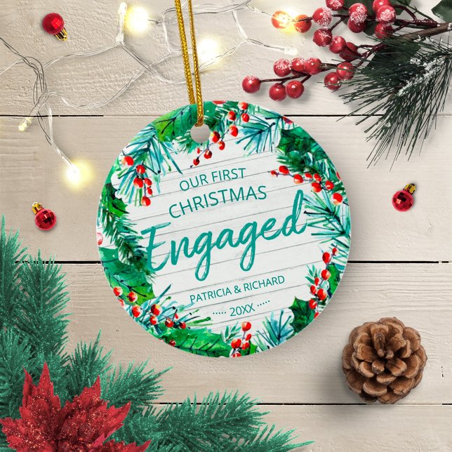 Our First Christmas Engaged Rustic Wreath Ceramic Ornament (Creator Uploaded)