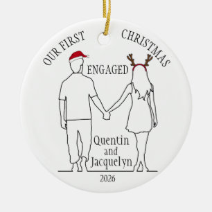 Our First Christmas Engaged Santa Hat & Antlers Ceramic Ornament