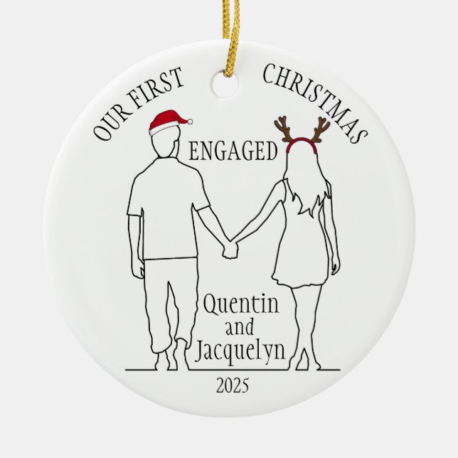 Our First Christmas Engaged Santa Hat & Antlers Ceramic Ornament (Front)