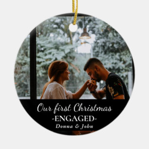 Our First Christmas Engaged Script Couple Photo Ceramic Ornament