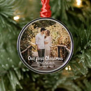 Our First Christmas Engaged Script Couple Photo Me Metal Ornament