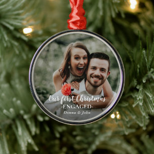 Our First Christmas Engaged Script Couple Photo Metal Ornament