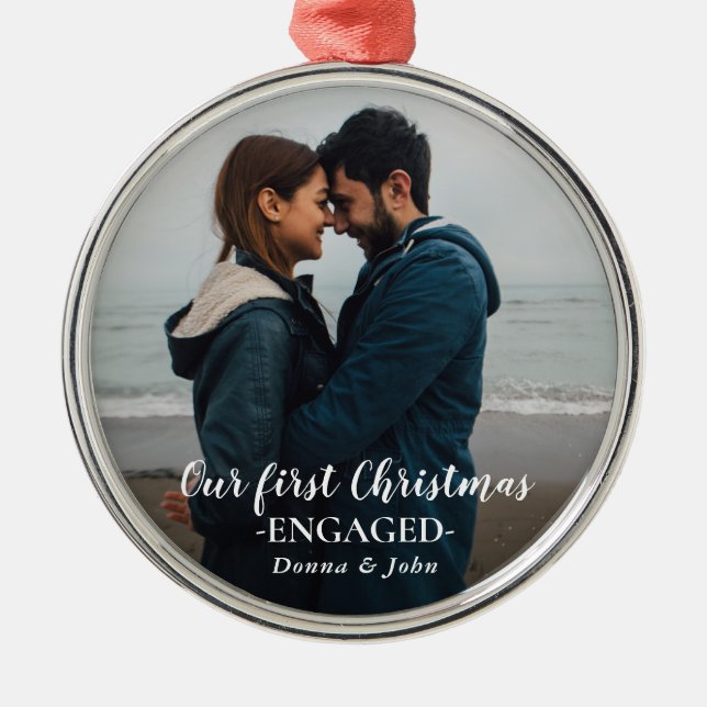 Our First Christmas Engaged Script Couple Photo Metal Ornament (Front)