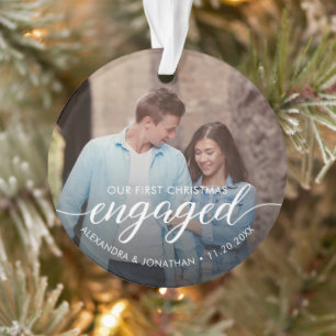 Our First Christmas Engaged Script Custom Photo Ornament