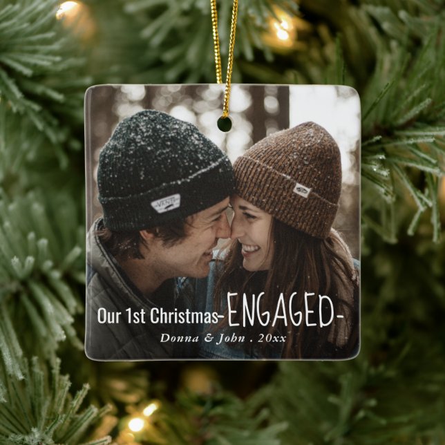 Our First Christmas Engaged Script Elegant Photo Ceramic Ornament (Tree)