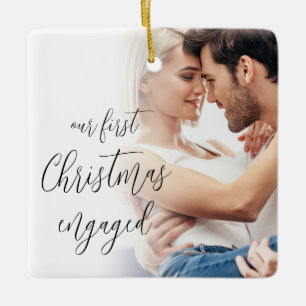 Our First Christmas Engaged Script Photo Names Ceramic Ornament