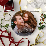 Our First Christmas Engaged Silver Foil Script Ceramic Ornament<br><div class="desc">Our First Christmas Engaged Silver Foil Script Ceramic Ornament</div>