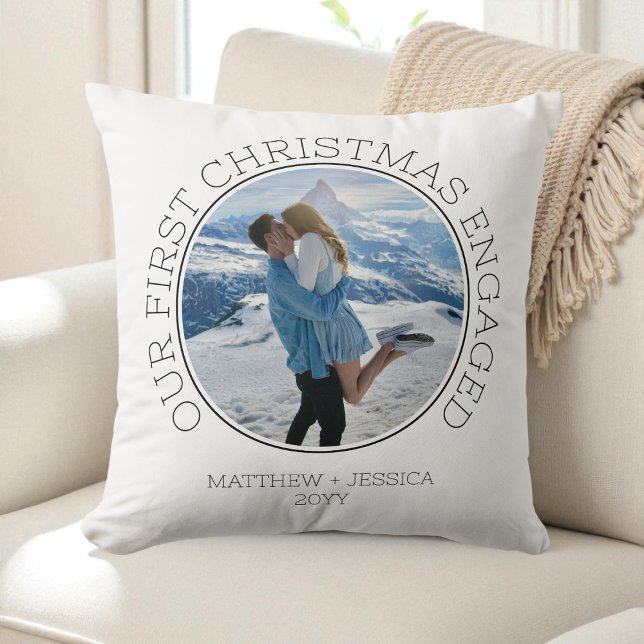 Our First Christmas Engaged SImple Modern 2 Photo Cushion (Our First Christmas Engaged SImple Modern 2 Photo Throw Pillow)