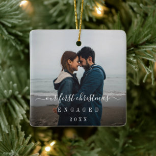 Our First Christmas Engaged Simple Photo Ceramic Ornament