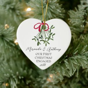 Our First Christmas Engaged Watercolor Mistletoe Ceramic Ornament