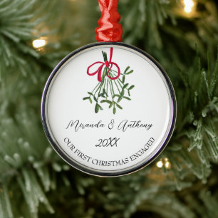 Our First Christmas Engaged Watercolor Mistletoe Metal Ornament