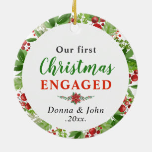 Our First Christmas Engaged   Watercolor Wreath Ceramic Ornament