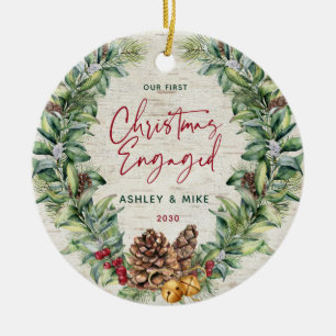 Our First Christmas Engaged Winter Wreath Photo Ce Ceramic Ornament
