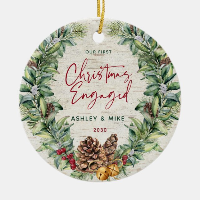 Our First Christmas Engaged Winter Wreath Photo Ce Ceramic Ornament (Front)