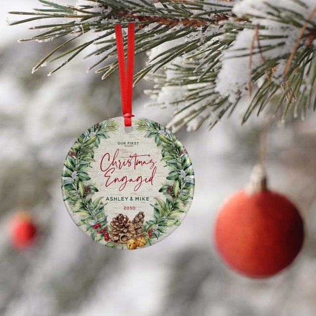 Our First Christmas Engaged Winter Wreath Photo Ceramic Ornament (Creator Uploaded)