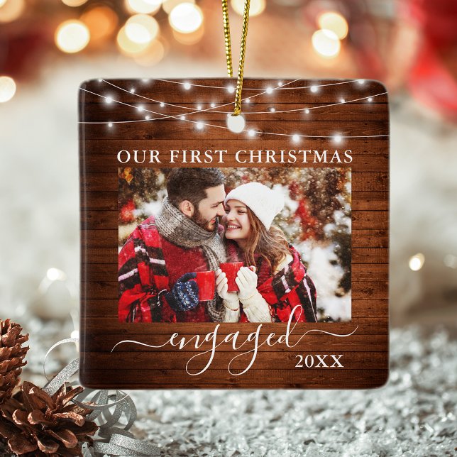Our First Christmas Engaged Wood Lights Photo Ceramic Ornament (Double Sided Our First Christmas Photo Ornament.)