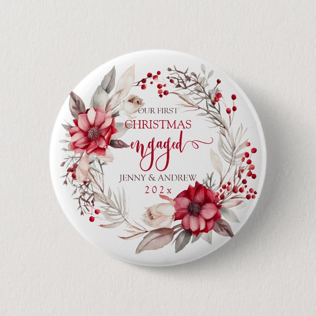 Our first Christmas Engaged wreath 6 Cm Round Badge (Front)