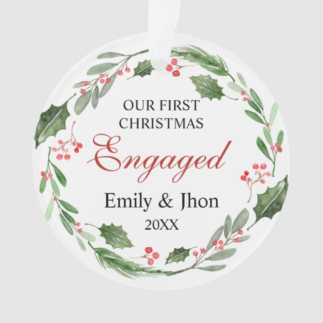 Our First Christmas Engaged wreath ornament (Front)