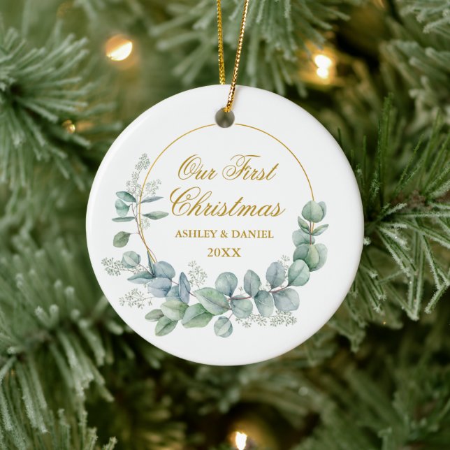 Our First Christmas Eucalyptus Leaves Gold Ceramic Ornament (Tree)
