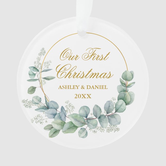Our First Christmas Eucalyptus Leaves Gold PHOTO Ornament (Front)