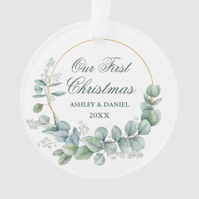 Our First Christmas Eucalyptus Leaves Green Ornament (Front)