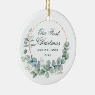 Our First Christmas Eucalyptus Leaves Photo Back Ceramic Ornament